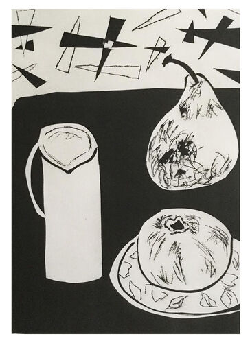 Jug, apple and pear b:w