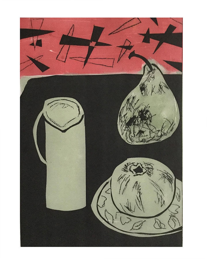 Still life with jug, pear & apple