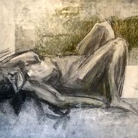 Large life drawing. Created from an earlier life session drawing. Graphite & gesso, 60x36 inches. Life drawing, graphite, gesso, female