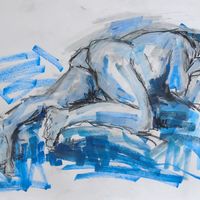 Jamie, November 2018. Graphite, Conté crayon, soft pastel & acrylic marker, A2. Life drawing, graphite, conté crayon, soft pastel, acrylic marker, male