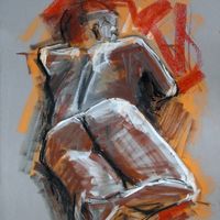 Kat, June 2019. Acrylic marker, soft pastel & Conté crayon, A2. Life drawing, acrylic marker, soft pastel, conté crayon, female