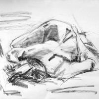 Pauline, February 2016. Graphite, A2. One of a series of drawings from a long pose. Life drawing, graphite, female