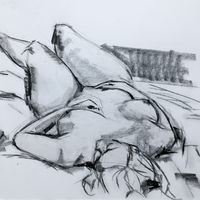 Penny, December 2016. Graphite, A2. One of a series of drawings from a 2hr pose. Life drawing, graphite, female