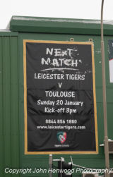 19-01-13, Advertising hoarding outside Tigers Rugby Ground on Welford Road advertising their Heineken Cup match against Toulouse tomorrow