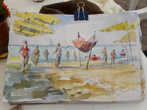 Watercolour on the beach in Viareggio,Italy.