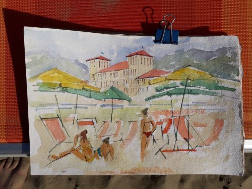 Watercolour on the beach in Viareggio,Italy.