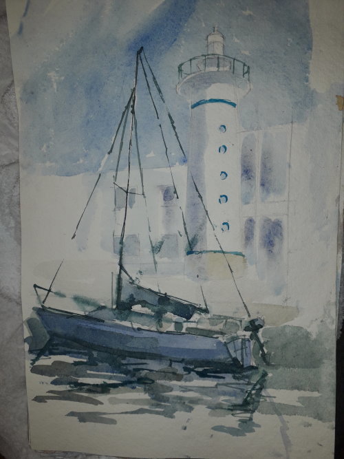 Watercolour,lighthouse & boat, Viareggio.Italy.