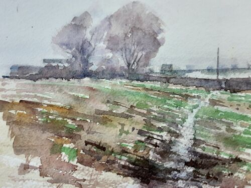 Watercolour view towards Robinbrook Lane, inthe Moss Valley