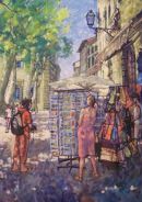 SOLD. This painting was exhibited at the Great Sheffield Art Show,it shows my wife buying postcards, she always does wherever we go.