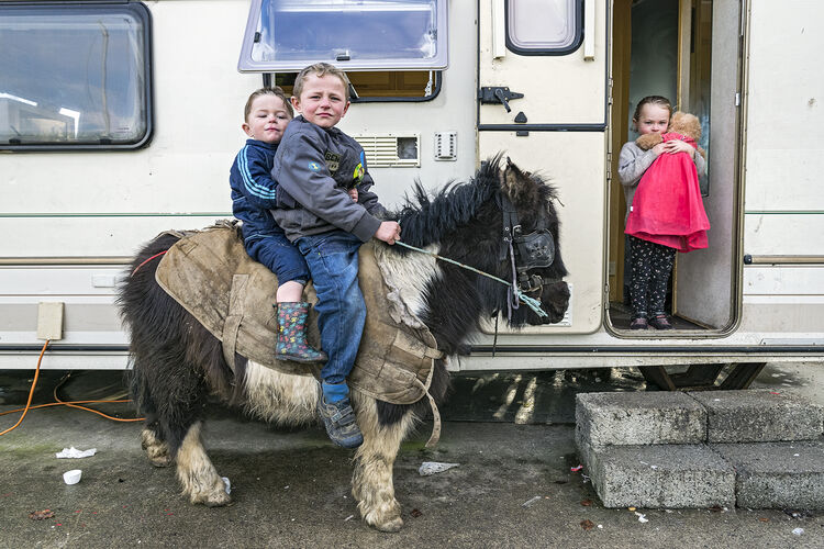 Michael and Pa on pony and Nikita with doll, roadside campsite, Tipperary, Ireland 2019