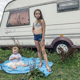 Prisciilla and younger sister Maggie, roadside campsite, Tipperary, Ireland 2018