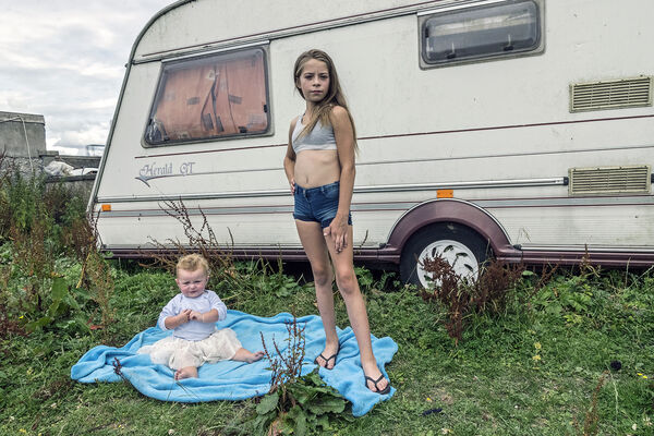 Prisciilla and younger sister Maggie, roadside campsite, Tipperary, Ireland 2018