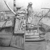 historic narrowboats, bargewoman, pencil drawing.