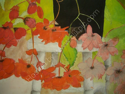 red begonias, gouache painting, still-life.