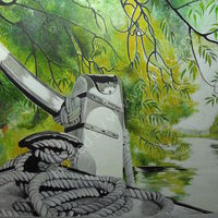 narrowboat butty, betelgeuse, oil painting,