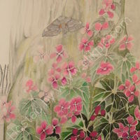 lunaria, honesty, oak tree, water-soluble pencil, drawing