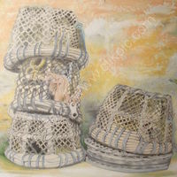Cornish crab-pots, coloured pencil, graphite and gouache drawing.
