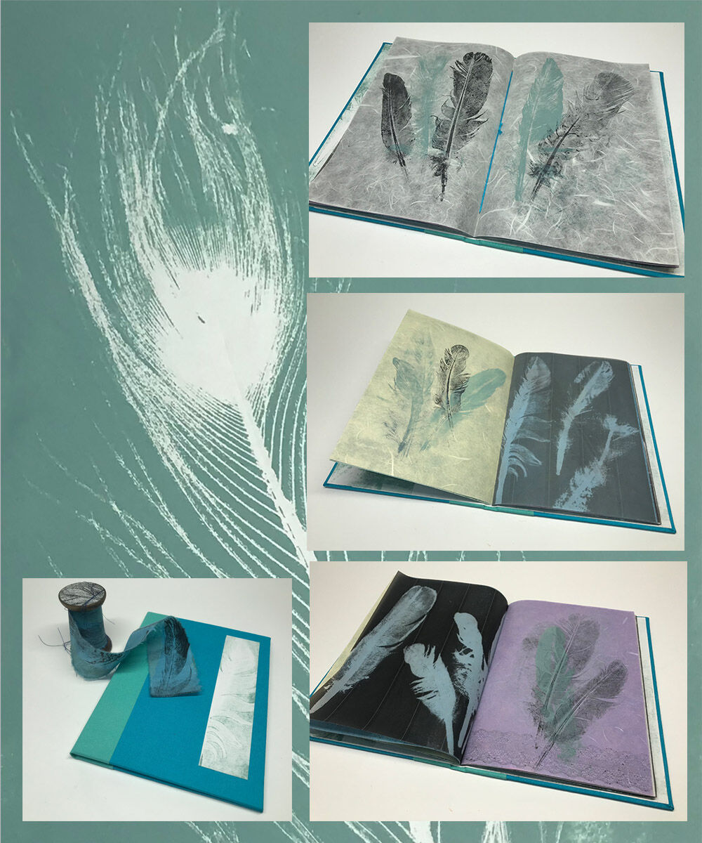 julie Macbean artist books mono prints with feathers