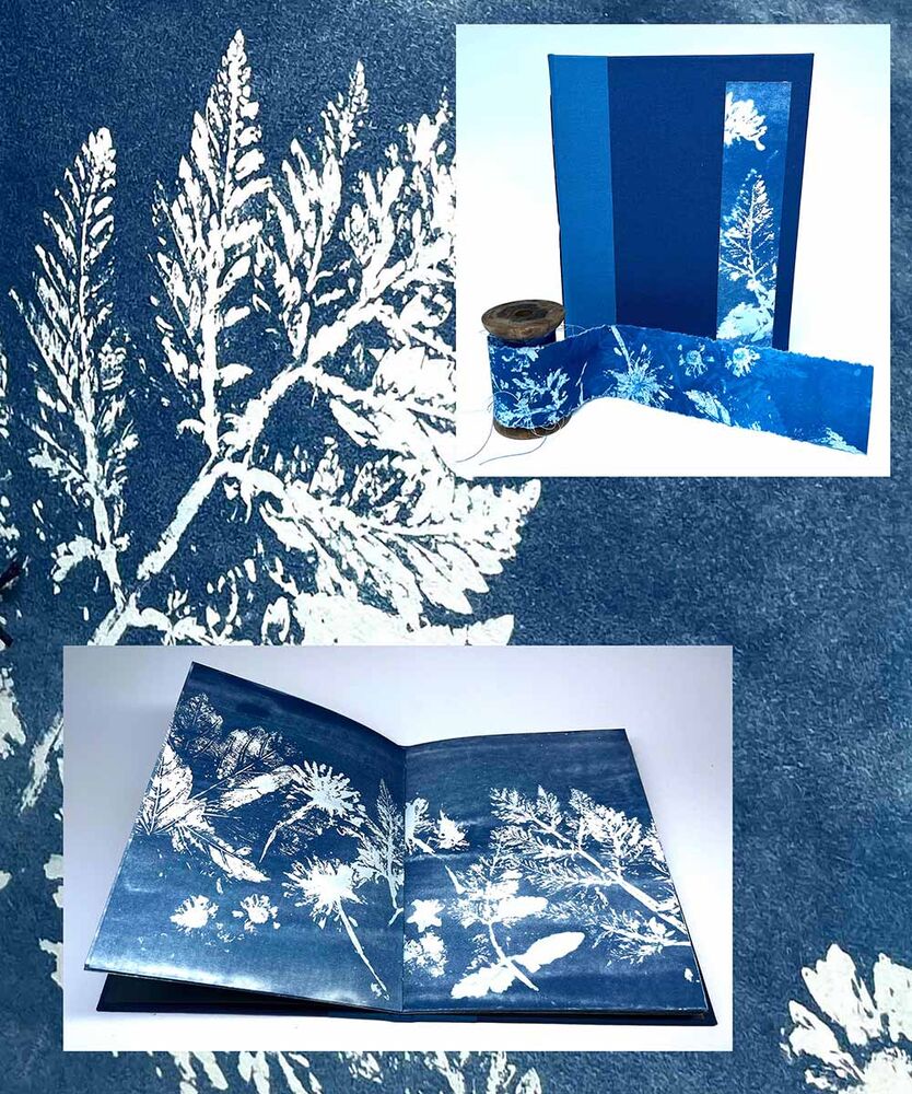 Pamphlet book with cyanotype printmaking and a reel
