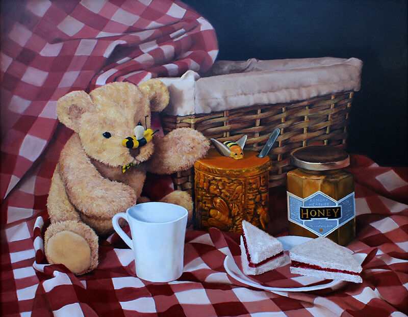 still life painting, friends soft toys Julie Macbean