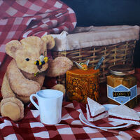 still life painting, friends soft toys Julie Macbean