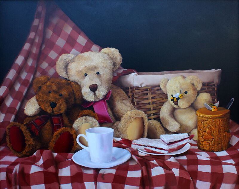 still life painting, friends soft toys Julie Macbean