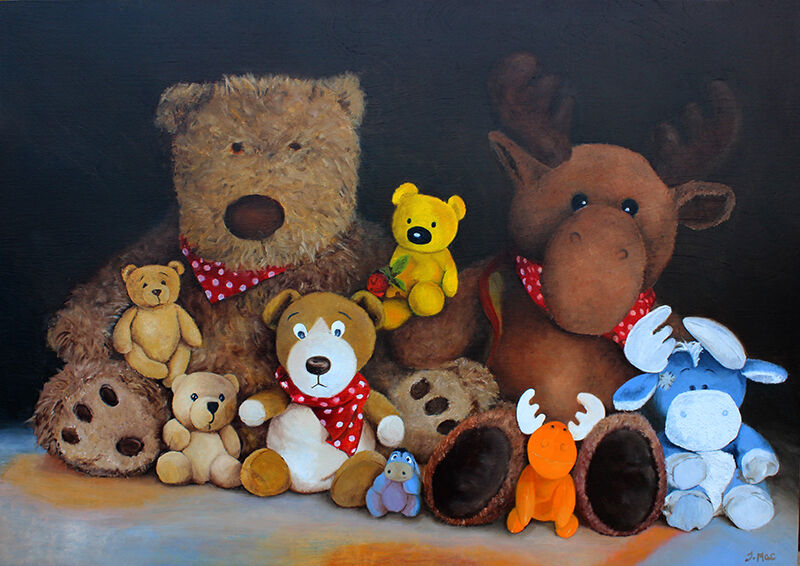 still life painting, friends soft toys