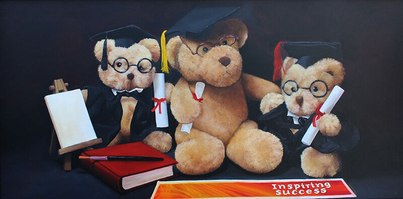 Still life oil painting of teddy bears wearing graduation gowns