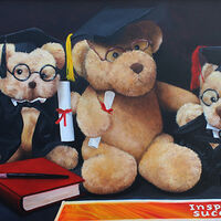 Still life oil painting of teddy bears wearing graduation gowns