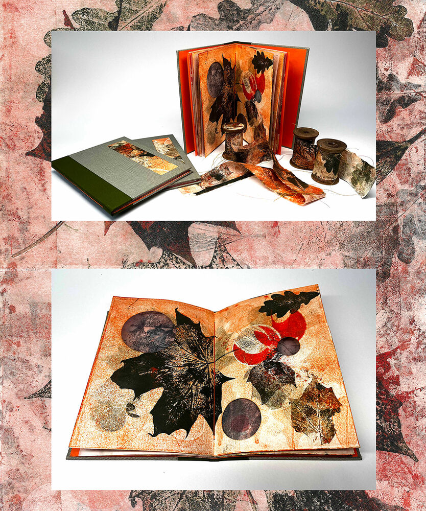 Pamphlet book with printmaking and reels Monoprinting with leaves