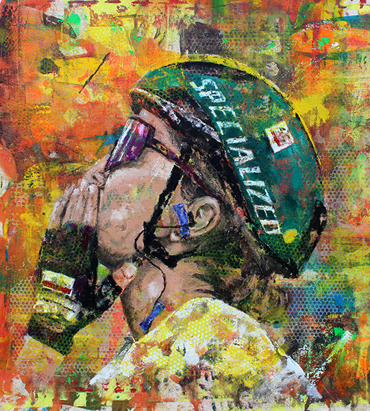cyclist painting in acrylic on canvas abstract style