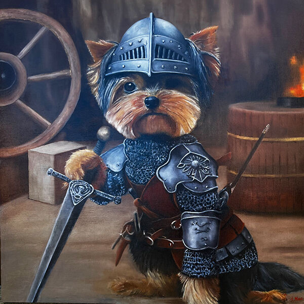 Paddy the dog dressed as a warrior in armour oil painting