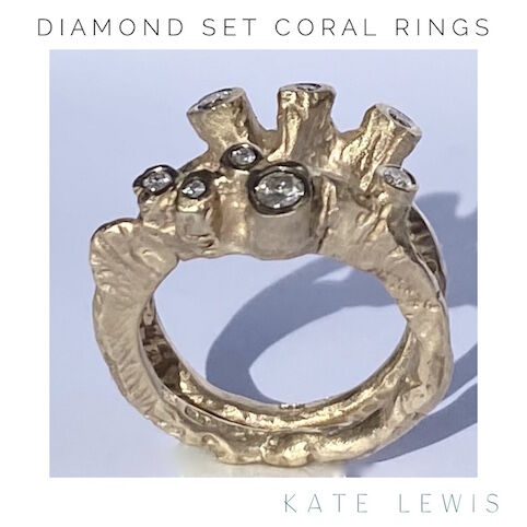 Diamond Set Coral Rings - Gold