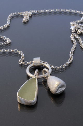 Sea glass and Silver Pebble Necklace