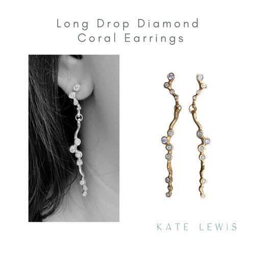 Diamond Set Coral Earrings - Long Drop