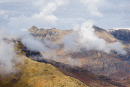 Mist swirls around the Langdale Pikes