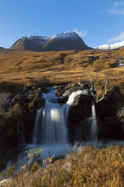 Beinn Alligin overlooks waterfalls on Abhainn Coire Mhic Nobuil, Torridon