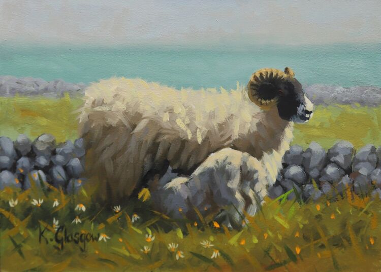 Lambscape No. 23 – ewe and lamb near Torr Head, County Antrim, oil painting by Keith Glasgow