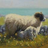 Lambscape No. 23 – ewe and lamb near Torr Head, County Antrim, oil painting by Keith Glasgow