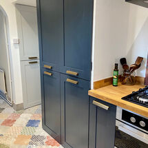 Mediterranean Feel with Blue Cabinets and Arches Mediterranean cabinets and tiles in kitchen fit by kitchens insynk ltd