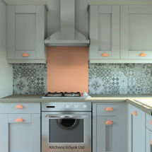 milbourrne doors in porcelain and dove grey matte with splashback in rose gold glass