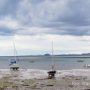 Lindisfarne harbour with Bamburgh Castle in the distance panorama