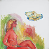 KB1997 - nude w coyote skull - oil can - 30x30 =WX