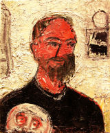 ©  Kourosh Bahar  |  man with dog, 2006, oil/wood, 18x15"