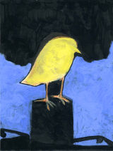 bird perched on black, 2010, acrylic/postcard, 6.5 x 5"