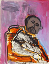 ©  Kourosh Bahar | man in armchair / man as Manet, 2012, acrylic, oil / postcard, 6.5x5"