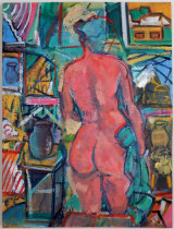 ©  Kourosh Bahar | interior w standing nude - back view, 2017/2015/2007, oil on canvas, 24x18"