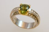 Double Shank Ring with Green Sapphire Cushion & Diamonds