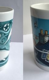 Two illustrated mugs with wraparound designs.