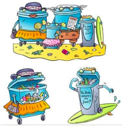 Illustrated hungry bin family for Bournemouth seafront